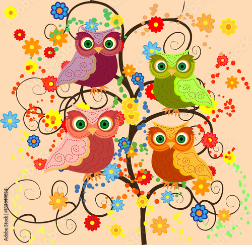 Bright cute cartoon owls sit on the flowering branches of fantastic trees