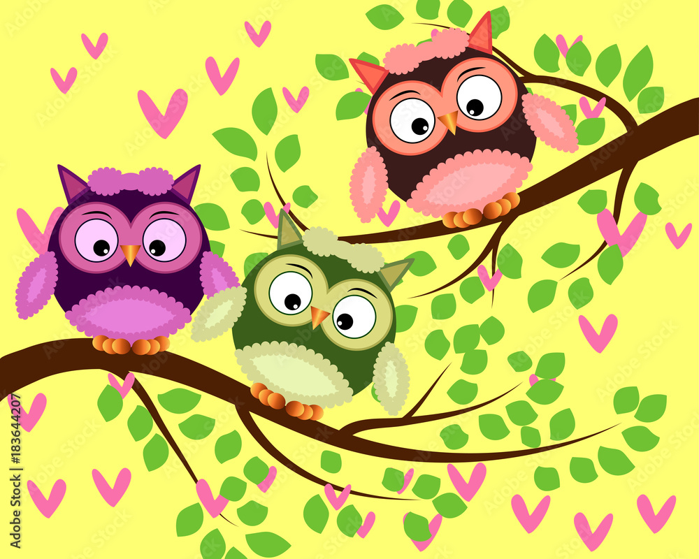 Fototapeta premium Bright cute cartoon owls sit on the flowering branches of fantastic trees