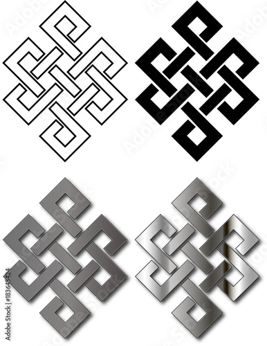 Tibetian Infinity endless or eternity knot. Four different designs: black and white, gradient, shadow