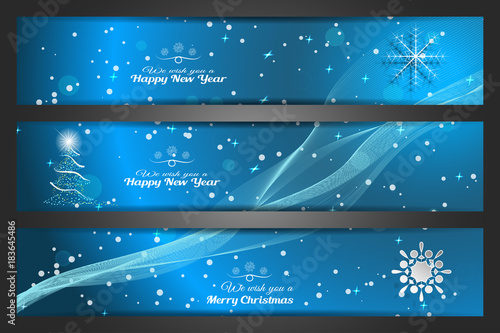 Set of greetings vector bookmarks for Merry Christmas and Happy New Year on the abstract gradient blue background with christmas tree, snowfall, stars and snowflake.