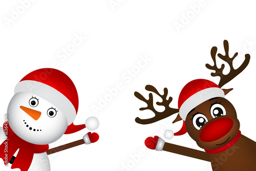 Snowman with reindeer standing on a white background photo