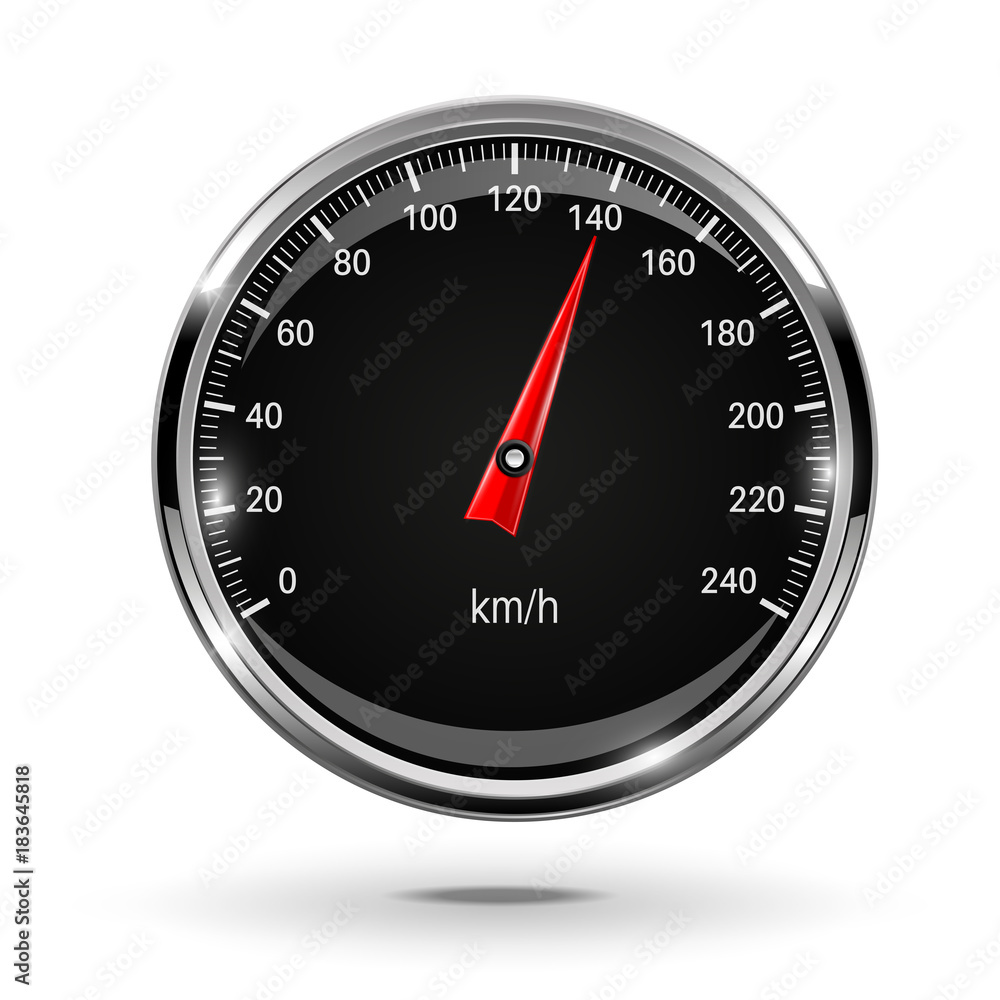 Speedometer. Round black gage with metal frame