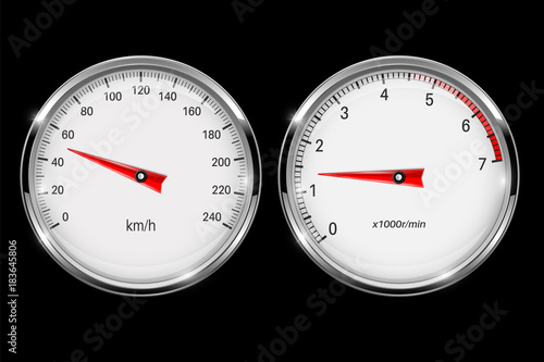 Speedometer and tachometer. Round gage with metal frame on black background