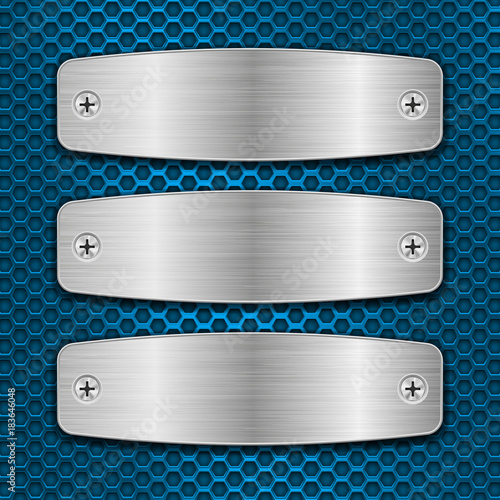 Metal brushed plates with screws on blue perforated background