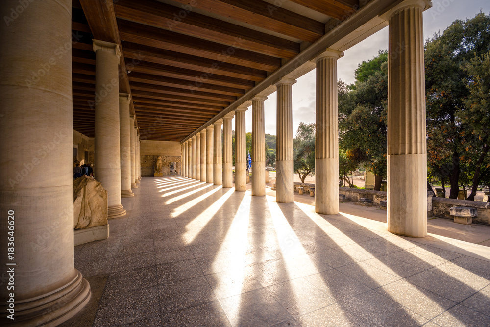 Obraz premium Stoa of Attalos, in the Agora of Athens, Greece. It was built by King Attalos II of Pergamon, typical of hellenistic age under the rock of Acropolis.