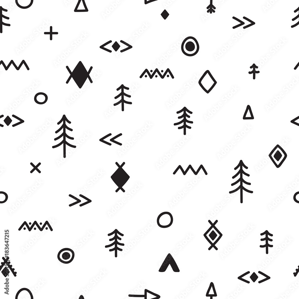 Naklejka premium Hand drawn seamless pattern with doodle elements. Abstract tribal background. Abstract ethnic geometric art print. Stylish trendy texture