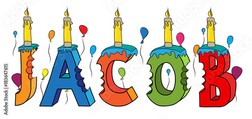 Jacob first name bitten colorful 3d lettering birthday cake with candles and balloons