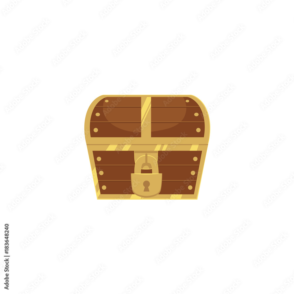 Closed and locked wooden pirate treasure chest, front view, flat style  cartoon vector illustration isolated on white background. Flat style treasure  chest, new, closed with hanging padlock Stock Vector | Adobe Stock