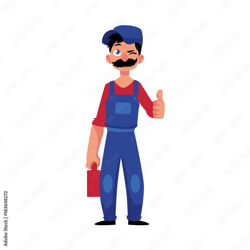 vector cartoon handsome man blumber in working uniform with mustache holding case with tools and equipment showing thumbs up winking. isolated illustration on a white background vector cartoon handsome man blumber in working uniform with mustache holding case with tools and equipment showing thumbs up winking. isolated illustration on a white background