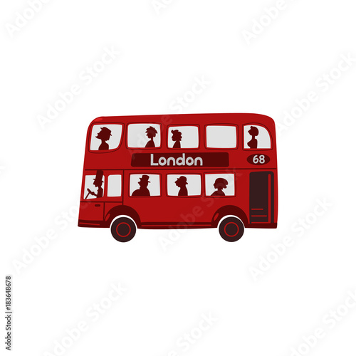 Red double-decker bus with passengers, London, England symbol, tourist attraction and public transport, cartoon vector illustration isolated on white background. Red London, English double-decker bus