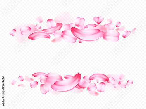 Pink petals of sakura or rose isolated on transparent background. Froral realistic detailed composition in the form of frame. Romantic vector 3d illustration. Decoration for Valentine s Day , March 8.