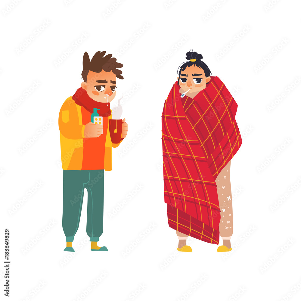 vector flat young sick man in scarf suffering from runny nose, sneezing holding cup of hot beverage, pills and spray and girl with thermometer suffering from temperature. Isolated illustration vector flat young sick man in scarf suffering from runny nose, sneezing holding cup of hot beverage, pills and spray and girl with thermometer suffering from temperature. Isolated illustration