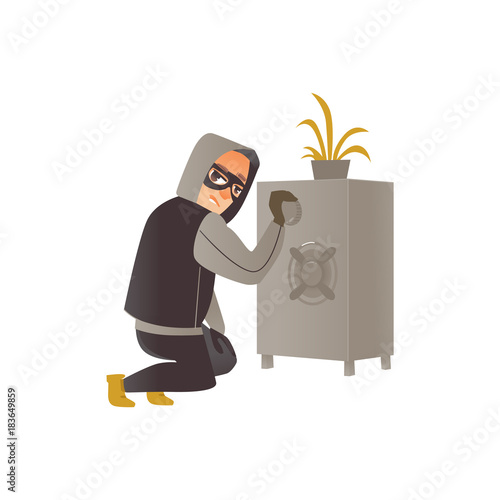 Thief in mask, burglar trying to break a safe, committing a crime, flat comic vector illustration isolated on white background. Thief, burglar in mask and black suit breaking a safe