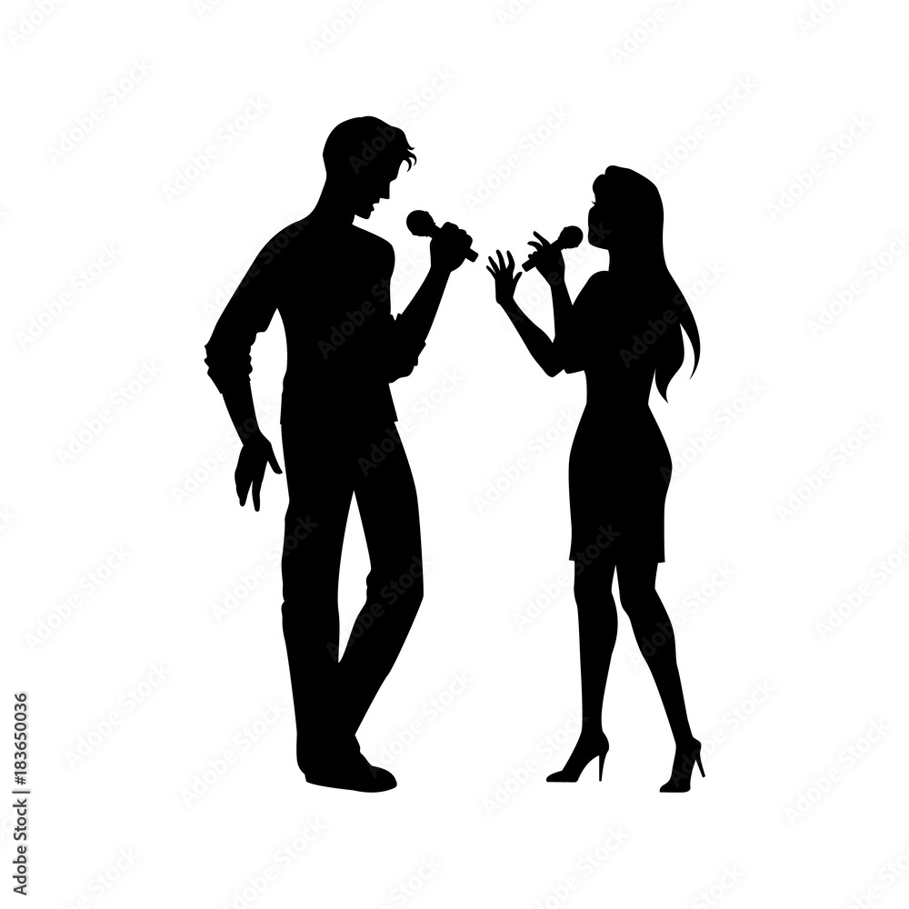 Full length portrait, figures of man and woman singing with microphones, black vector silhouette isolated on white background. Black silhouettes of man and woman singing together