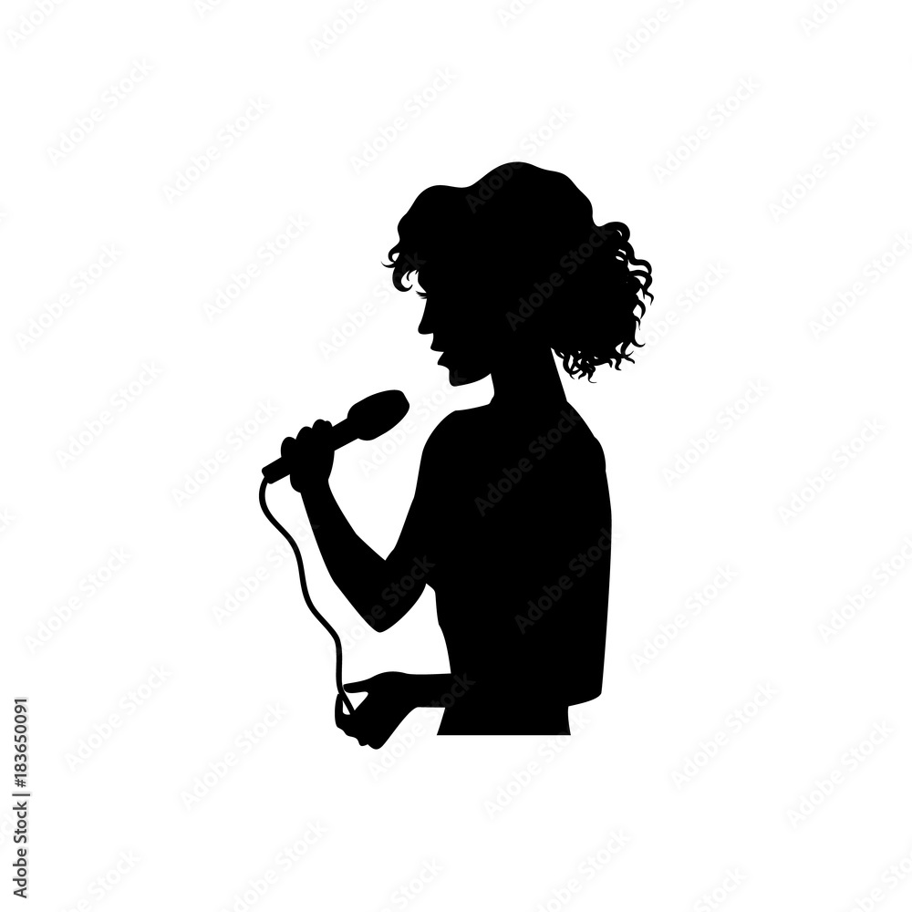 Half length portrait, figure of beautiful woman singing with microphone, black vector silhouette isolated on white background. Black silhouette of beautiful singing woman, girl, half length portrait