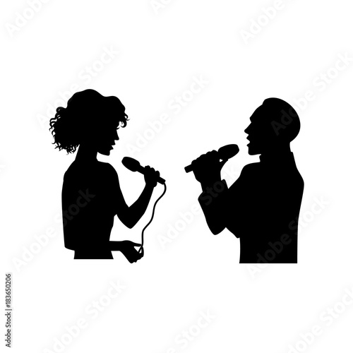 Half length portrait, figures of man and woman singing with microphones, black vector silhouette isolated on white background. Black silhouettes of man and woman singing together