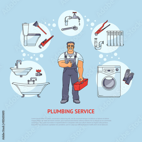 Plumbing banner, poster, leaflet design showing smiling plumber and types of services, cartoon vector illustration isolated on white background. Plumbing services infographics, banner, poster design