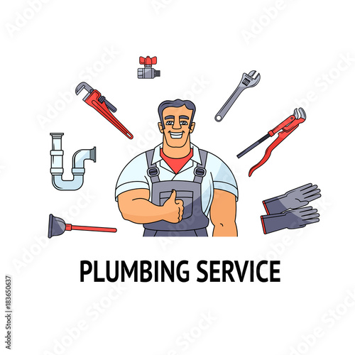 Plumbing service banner, poster design - half length portrait of happy plumber and round frame made by tools and equipment, cartoon vector illustration isolated on white background. Plumber and tools