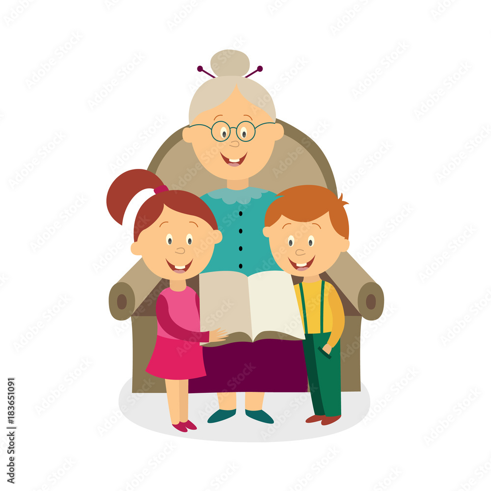 vector flat cartoon grandfather with girl and boy kids sitting at his knees reading book together at armchair. Isolated illustration on a white background. vector flat cartoon grandfather with girl and boy kids sitting at his knees reading book together at armchair. Isolated illustration on a white background.
