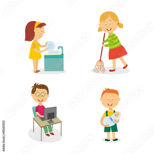 vecotr flat kids doing household chores set. Girl washing dishes , another girl sweeping the floor by broom, boy working at desktop computer, another one holding newborn baby. Isolated illustration.
