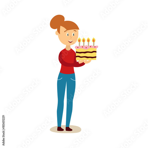 vector flat beautiful cute girl in causal clothing and jeens holding big birthday chocolate cake with festive candles inside in hands smiling. Isolated illustration on a white background.