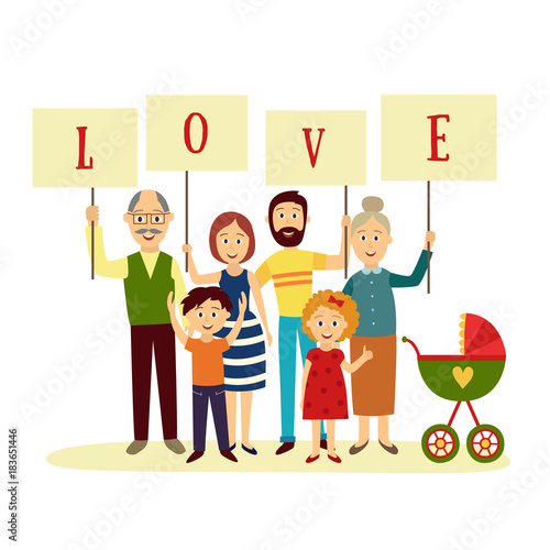 Family - parents  grandparents and children holding boards with letters of word LOVE  flat cartoon vector illustration on white background. Happy family members holding letters of word Love