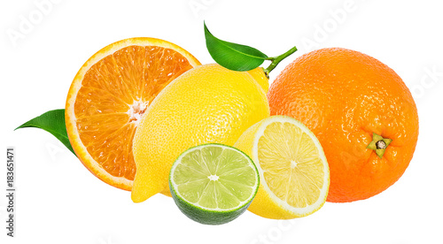 Citrus Fruit Set (orange, lime, lemon) isolated on white background.