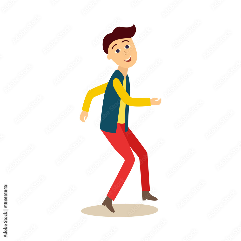 Funny young man, student, guy dancing happily at a party, cartoon vector illustration isolated on white background. Full length comic style portrait of young man dancing at a party
