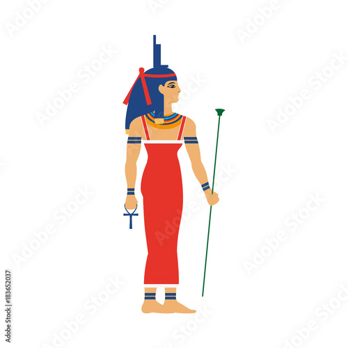 Isis, ancient Egypt goddess of health, marriage, and wisdom in throne headdress, flat cartoon vector illustration isolated on white background. Isis, ancient Egyptian goddess, full length portrait