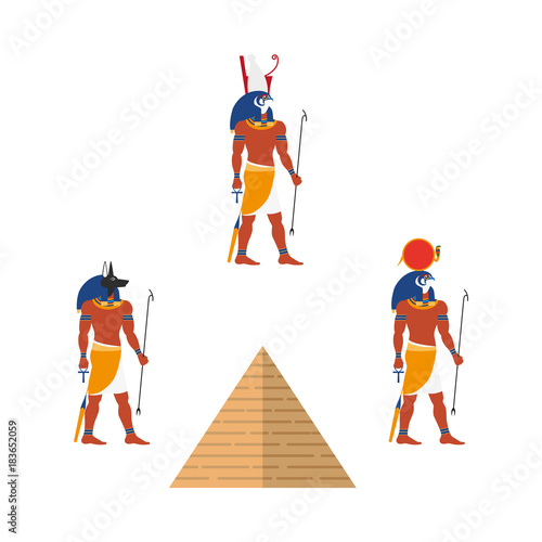 Set of Egypt symbols - pyramid and ancient gods, Ra, Anubis and Isis, flat vector illustration isolated on white background. Ra, Isis and Anubis gods and great pyramis, symbols of Egyptian culture
