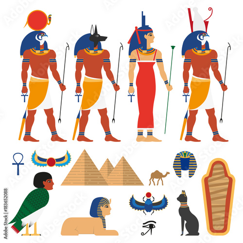 vector flat egypt gods, and sacred symbols set. Anubis - god with head of jackal or dog, Amon-Ra supreme god of sun, Horus god of sky, Isis, pyramid, sphinx, camel sarcophagus, scarab icon.