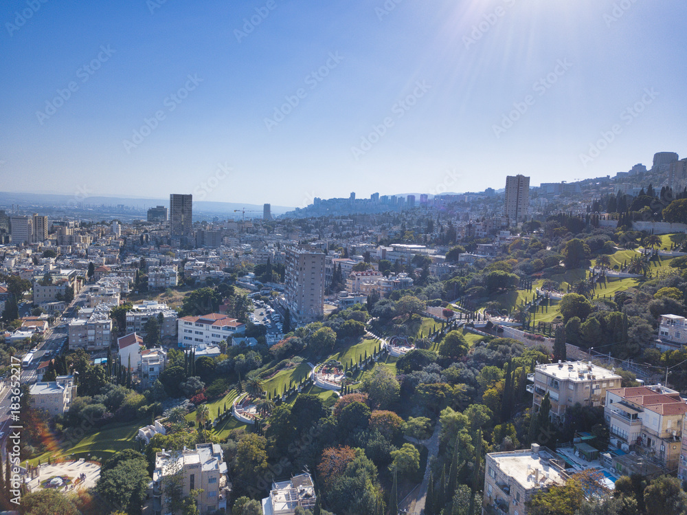 Bahai, Báb and Bahá'í gardens and temple on the slopes of the Carmel Mountain, Street view of the Mediterranean Port of Haifa, Israel