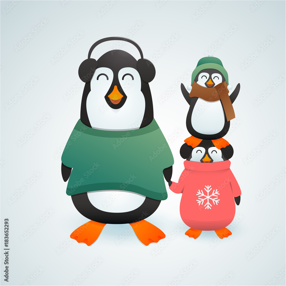 Fototapeta premium Family of cute penguins in winter clothes cheerfuly celebrating christmas. Vector illustration