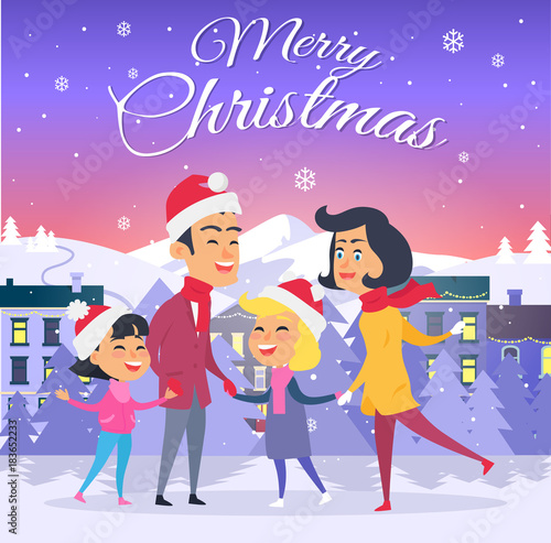 Postcard with Merry Christmas on City Background
