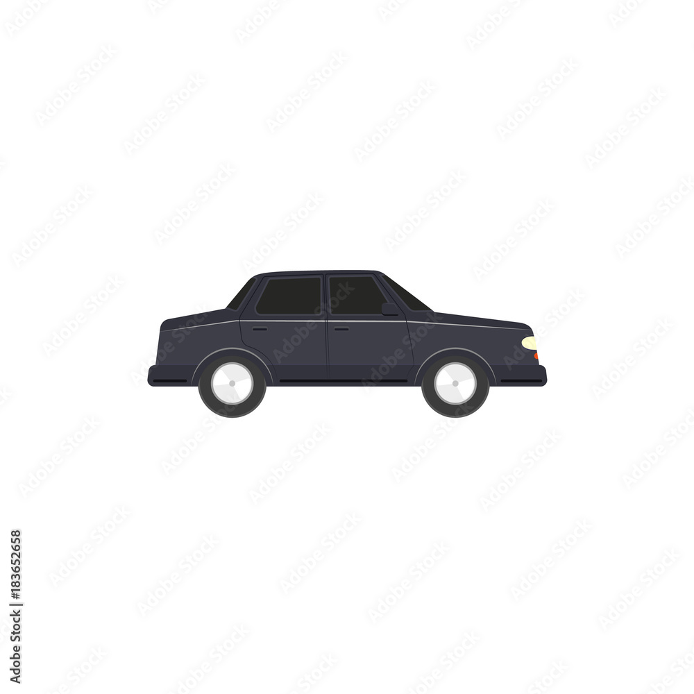 Flat style sedan car, automobile icon, side view vector illustration isolated on white background. Flat style car, automobile, motor vehicle decoration element