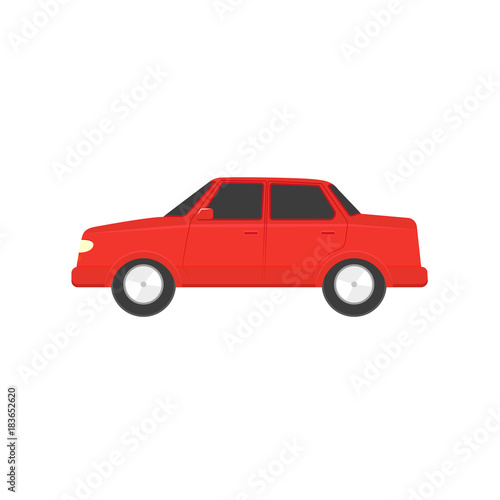 Flat style red sedan car, automobile icon, side view vector illustration isolated on white background. Flat style car, automobile, motor vehicle decoration element © sabelskaya