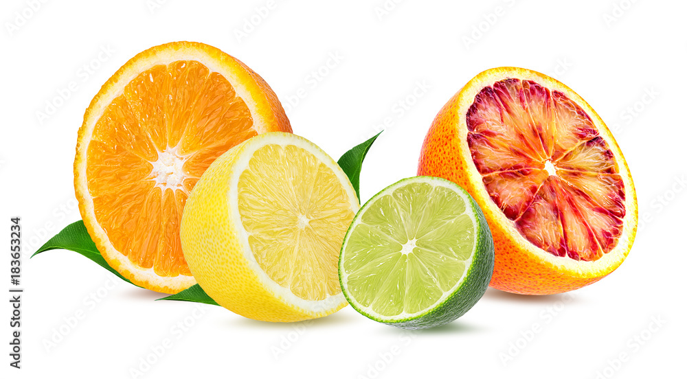 Citrus Fruit Set (orange,  lime, lemon) isolated on white background.
