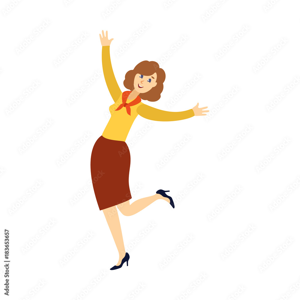 vector flat beautiful girl office worker, business woman manager in corporate colored clothing in skirt, blouse and pioner red tie dancing at party . Isolated illustration on a white background.