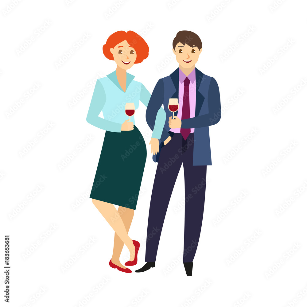 vector flat office worker man and woman in formal corporate clothing with necktie, characters standing hugging holding glass of wine at corporate party. Isolated illustration on a white background. vector flat office worker man and woman in formal corporate clothing with necktie, characters standing hugging holding glass of wine at corporate party. Isolated illustration on a white background.