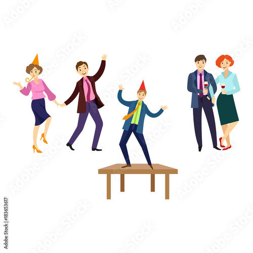 vector flat office workers at corporate party set. Men and girls in formal clothing with necktie, party hat having fun dancing at floor, at table whistling, drinking wine. Isolated illustration