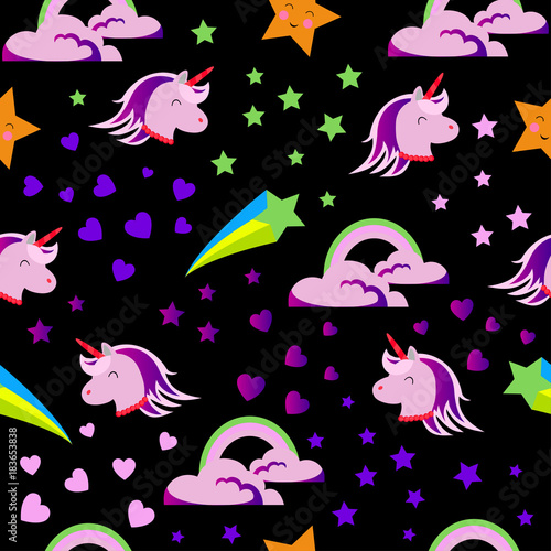 Abstract seamless girlish unicorn pattern for girls.Creative vector background with unicorn  hearts  stars.Funny wallpaper for textile and fabric.Fashion unicorn style.Colorful bright print