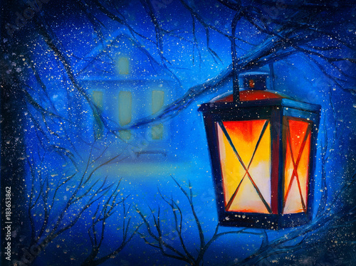 Winter night with house and lantern