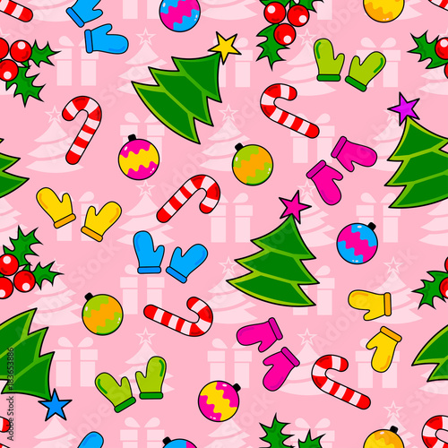 Abstract seamless wrapping pattern for girls, boys. Creative vector wrapping background with gloves, Christmas tree, ornamentation. Funny wallpaper for textile and fabric. Fashion wrapping style.