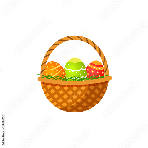 Woven basket with three colorful painted eggs, Easter decoration element, cartoon vector illustration isolated on white background. Cartoon style basket with painted Easter eggs
