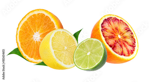 Citrus Fruit Set (orange, lime, lemon) isolated on white background.