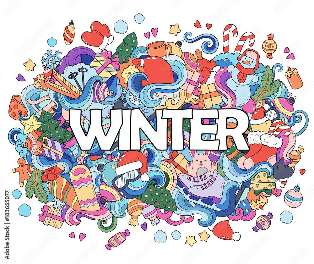 Doodle hand drawn vector illustration, abstract background, texture, pattern, wallpaper, backdrop. Collection of New Year Christmas elements and objects set. winter sports