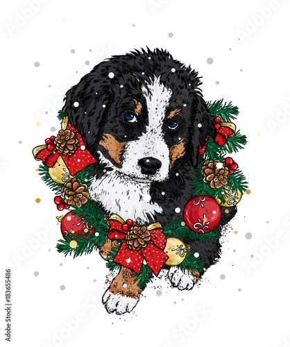 A beautiful puppy in a Christmas wreath and hat. Vector illustration. A pedigree dog in clothes and accessories. New Year's and Christmas.