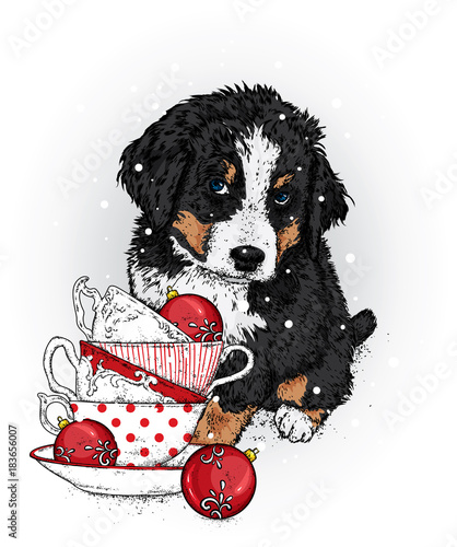 A beautiful puppy in a New Year's cap and glasses. Vector illustration. A pedigree dog in clothes and accessories. New Year's and Christmas. Vintage cups and Christmas balls.