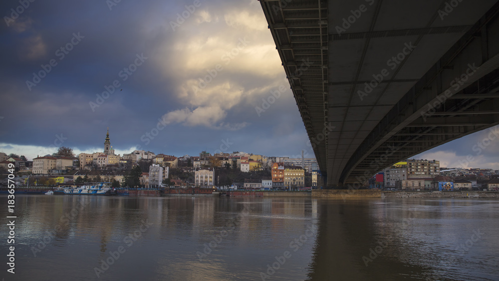 Belgrade in the evening with bridge across Sava river