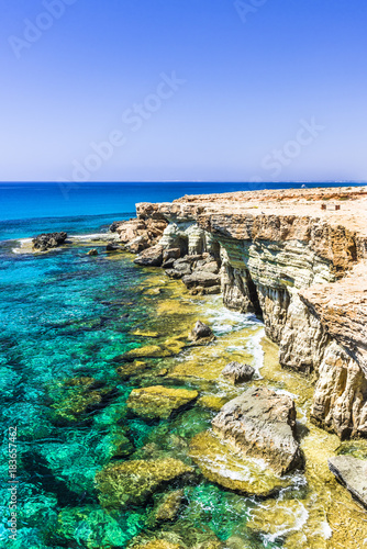 Blue waters along the rocky shores of Cyprus